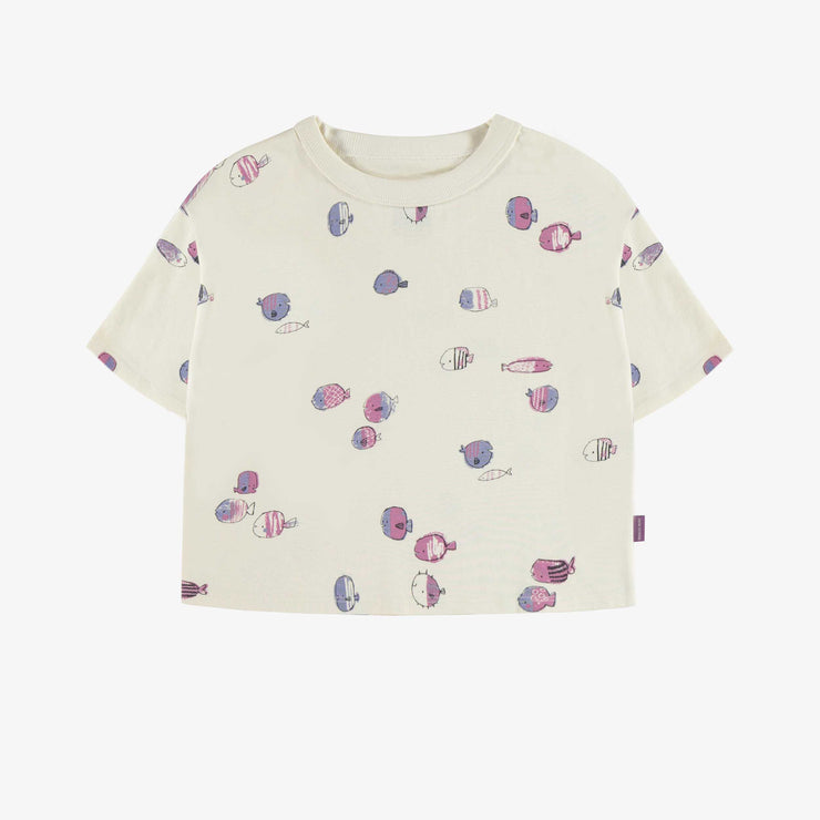T-shirt crème avec poissons mauves à manches courtes en jersey, enfant || Cream t-shirt with purple fish print and short sleeves in jersey, child