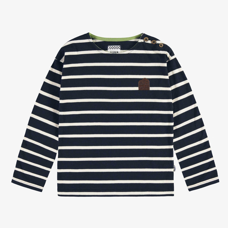 T-shirt marine et crème rayé à manches longues en jersey, enfant || Striped navy and cream t-shirt with long sleeves in jersey, child