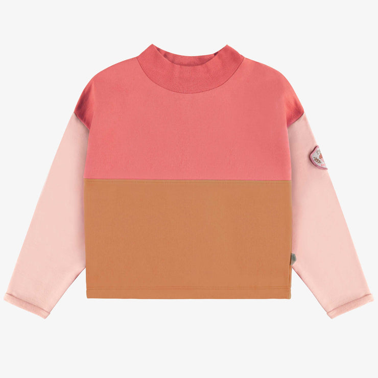 Chandail rose à bloc de couleurs en coton français, enfant || Pink sweater with color block in French terry, child