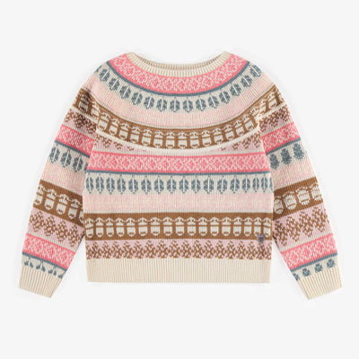 Chandail de maille rose à motif en coton cachemire, enfant || Pink patterned knitted sweater cotton cashmere, child
