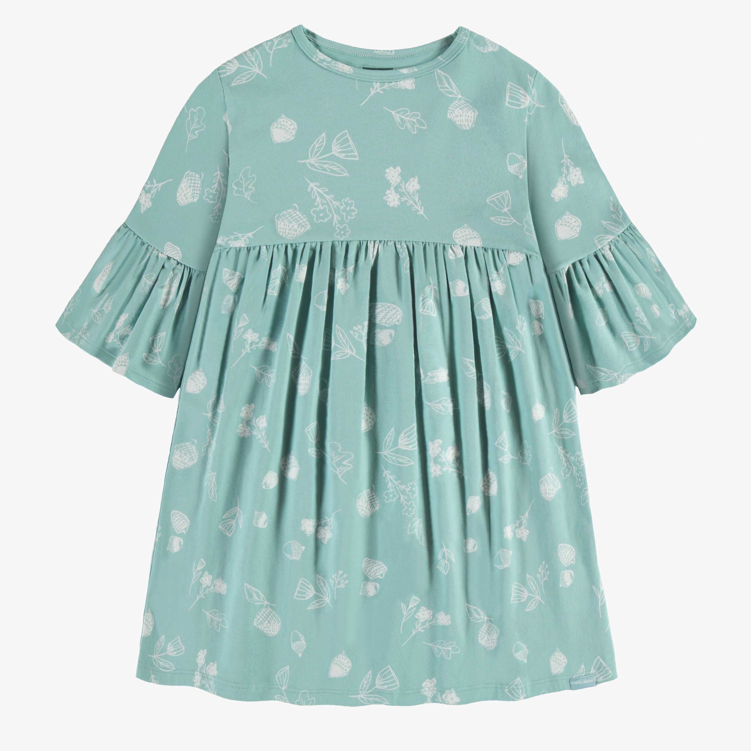 Light turquoise dress with hazelnuts pattern in soft jersey, child