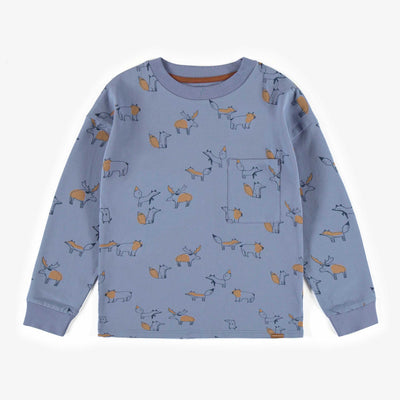T-shirt bleu à manches longues à motif d’animaux en jersey, enfant || Blue long-sleeved t-shirt with animal patterns in jersey, child