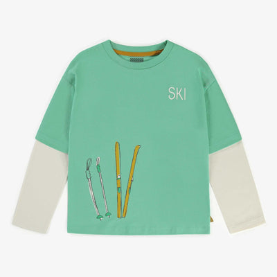 T-shirt turquoise à manches longues avec illustration de ski en jersey, enfant || Turquoise t-shirt with long sleeves and ski illustration in jersey, child