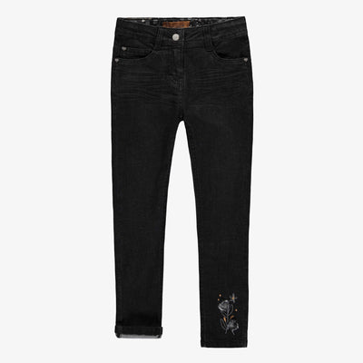 Pantalon en denim noir de coupe ajustée avec broderies, enfant || Black denim pants with a slim fit and embroidery, child