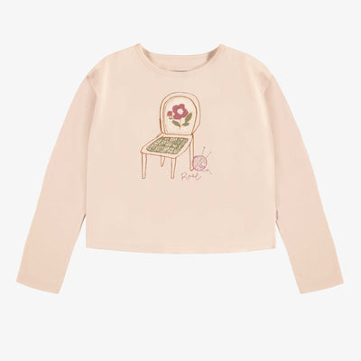 T-shirt rose pâle à manches longues en jersey extensible, enfant || Light pink t-shirt with long sleeves and a multicolored pattern in jersey, child