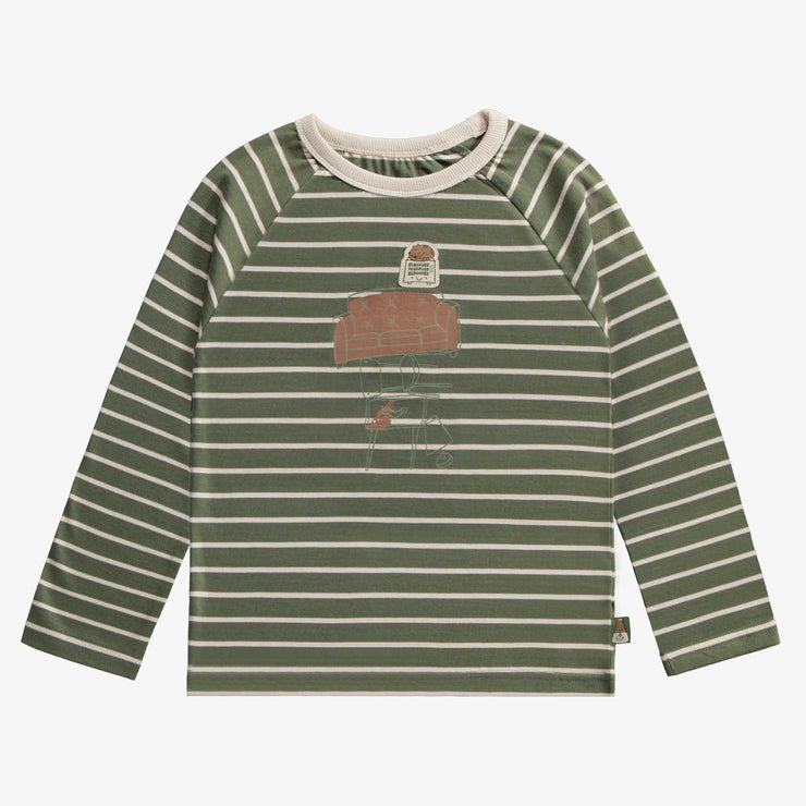 T-shirt vert et crème rayé à manches longues en jersey, enfant || Green and cream striped long sleeved t-shirt in jersey, child