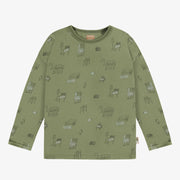 T-shirt à manches longues vert à motif en jersey, bébé || Green t-shirt with long sleeves with a print in jersey, baby