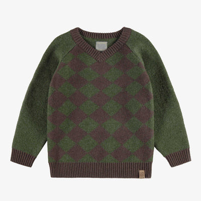 Chandail de maille vert foncé et brun à carreaux, enfant || Dark green and brown checkered knit sweater, child