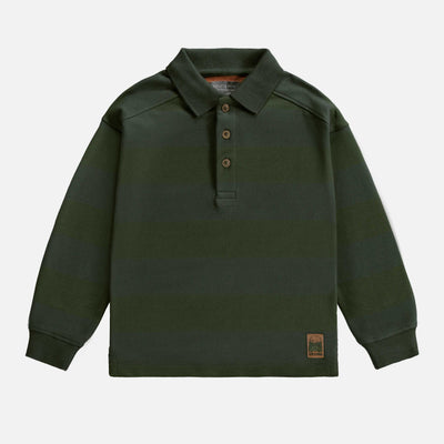 Chandail vert à manches longues avec col chemise en coton français, enfant || Green long sleeved sweater with shirt collar in french terry, child