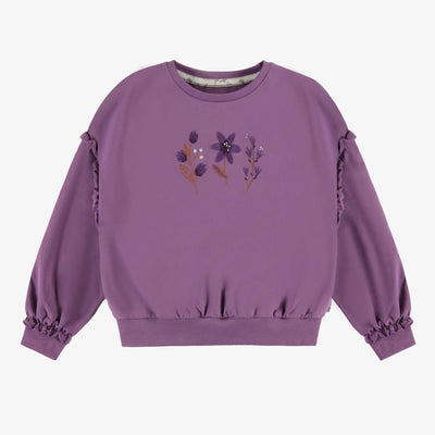 Chandail mauve de coupe large avec broderie en doux jersey, enfant || Purple oversized crewneck with embroidery in soft jersey, child