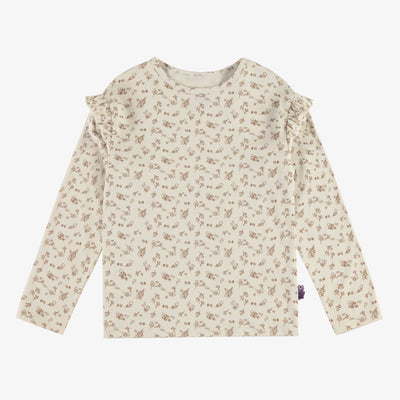 T-shirt crème fleuri à manches longues avec volants en jersey, enfant || Cream floral long sleeved t-shirt with ruffles in jersey, child