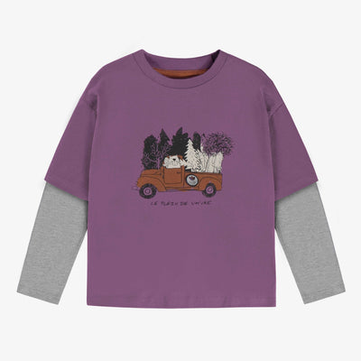 T-shirt à manches longues mauve avec illustration d’un camion en jersey, enfant || Purple long sleeves t-shirt with illustration of a truck in jersey, child