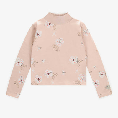 T-shirt manches longues à col montant rose avec motif en jersey, enfant || Pink long sleeved t-shirt with a high collar and a print, child
