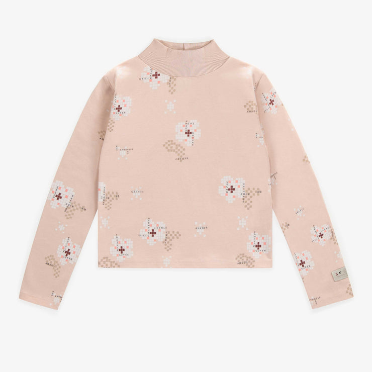 T-shirt manches longues à col montant rose avec motif en jersey, enfant || Pink long sleeved t-shirt with a high collar and a print, child