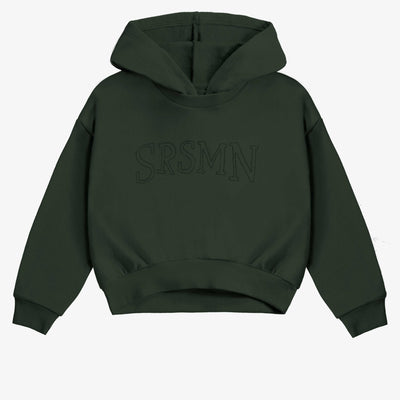 Chandail à capuchon vert forêt en coton ouaté, enfant || Dark green hoodie in fleece, child
