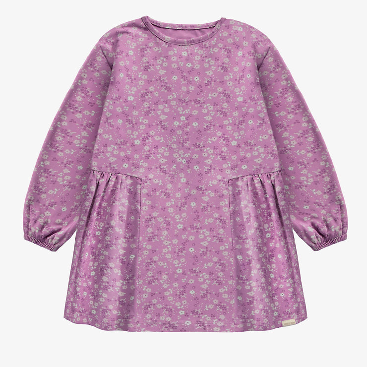 Robe de coupe évasée manches longues mauve fleuri en jersey, enfant || Purple flowery dress of flared fit and long sleeves in jersey, child