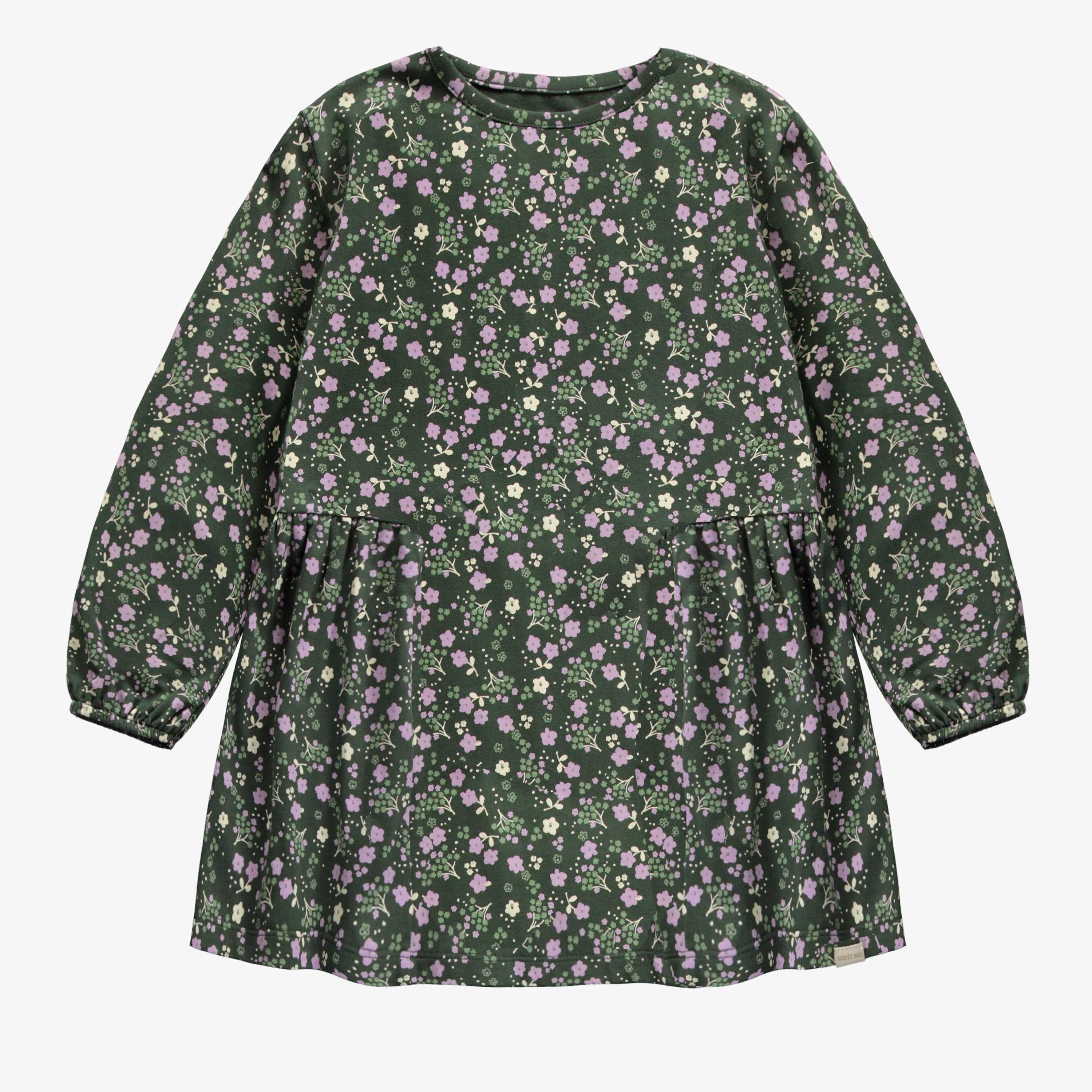 Robe de coupe évasée manches longues vert foncé fleuri en jersey, enfant