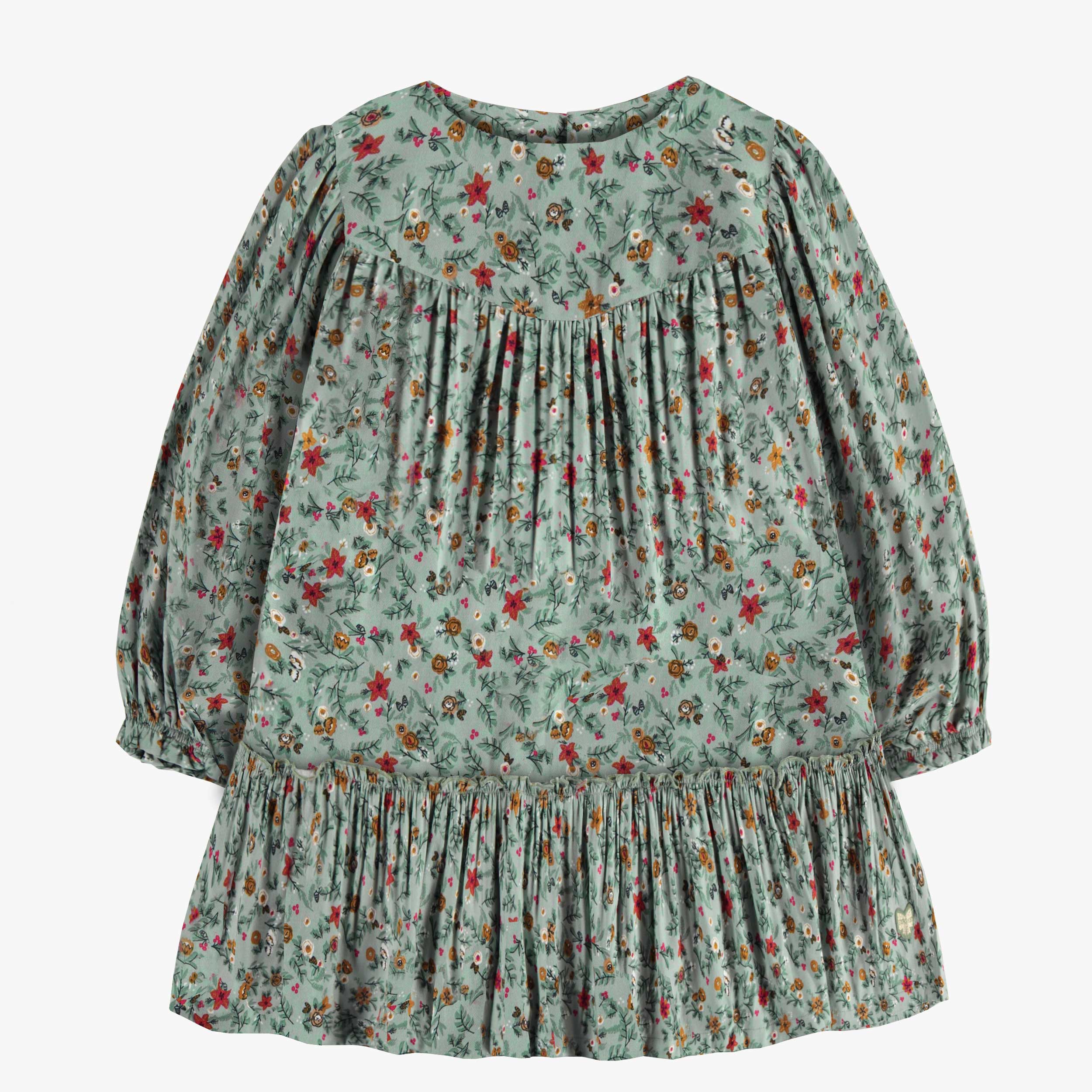 Green long sleeves dress with floral pattern in viscose, child