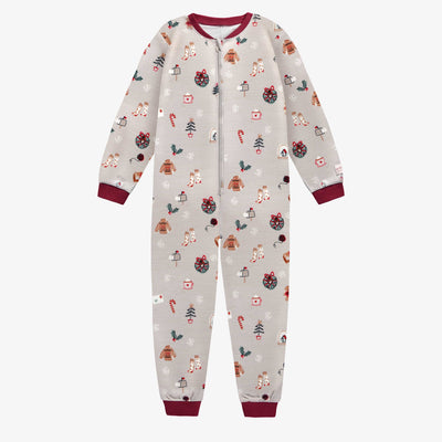 Pyjama des Fêtes une-pièce gris à motif en polyester brossé, enfant || Grey one-piece holiday pajama with pattern in brushed polyester, child