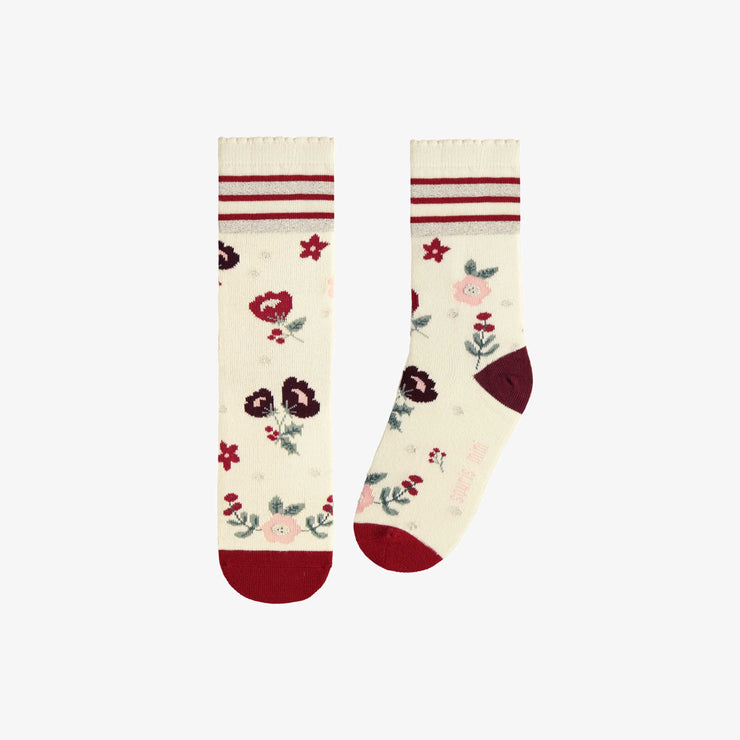 Chaussette crème avec motif floral des Fêtes, enfant || Cream socks with holiday floral pattern, child