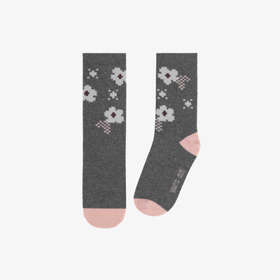 Chaussettes charcoal avec illustrations de fleurs en pixel, enfant || Charcoal socks with pixel flower illustrations, child