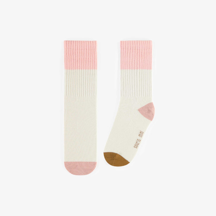 Chaussettes crèmes avec bloc de couleur rose, enfant || Cream socks with pink color block, child