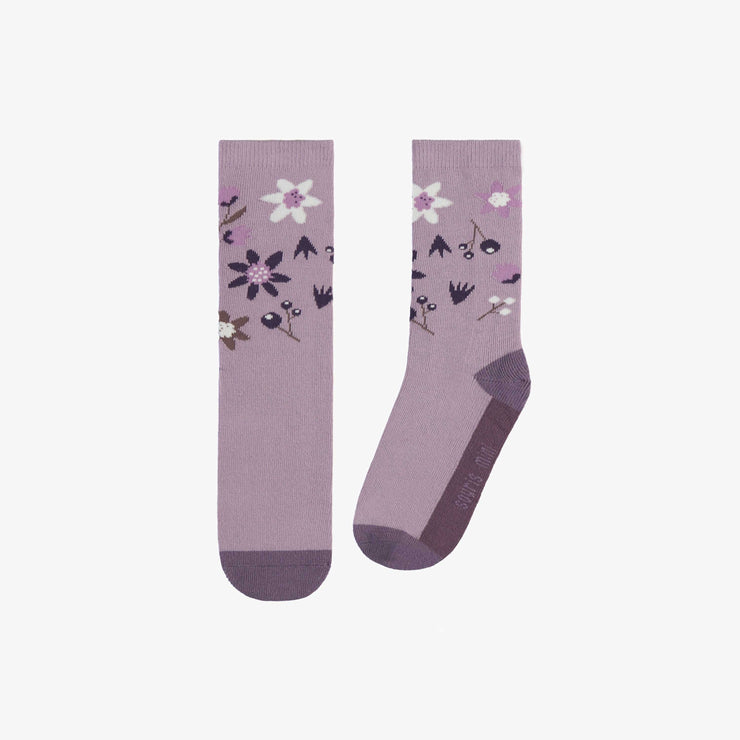 Chaussettes mauves avec illustrations de fleurs, enfant || Purple socks with flower illustrations, child