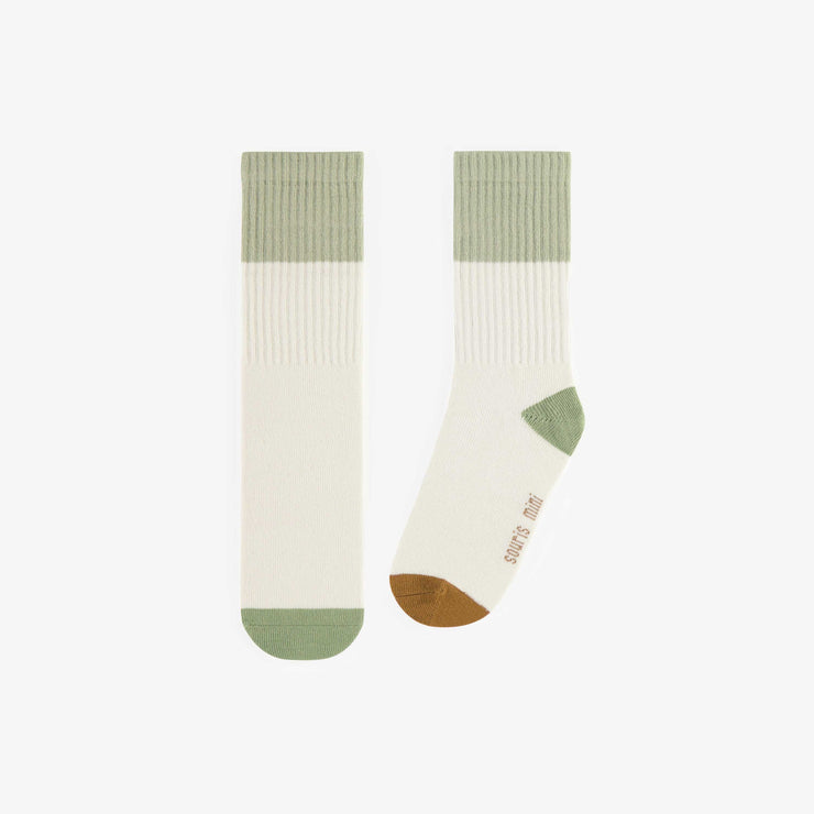 Chaussettes crèmes avec bloc de couleurs vert, enfant || Cream socks with green color block, child