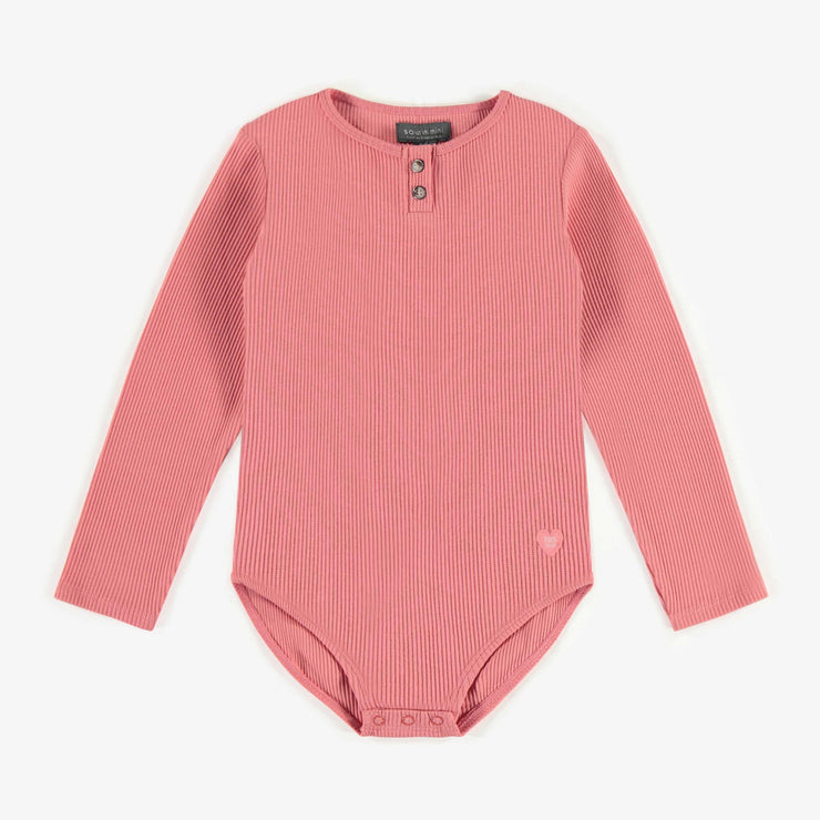 Body rose col henley en tricot côtelé irrégulier, enfant || Pink bodysuit with henley collar in irregular rib, child