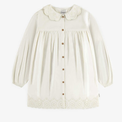 Chemise tunique blanche à manches longues en popeline douce avec broderies, enfant || White tunic shirt with long sleeves in soft popeline with embroidery, child