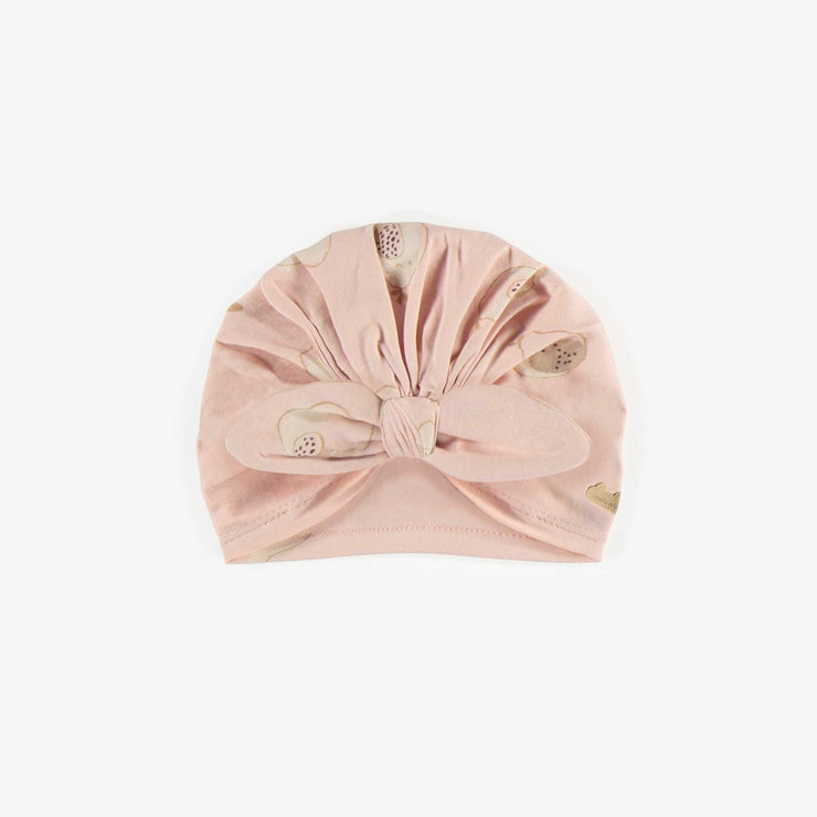 Bonnet rose à motifs de papayes avec noeud en coton biologique, naissance || Papayas patterned pink hat with bow in organic cotton, newborn