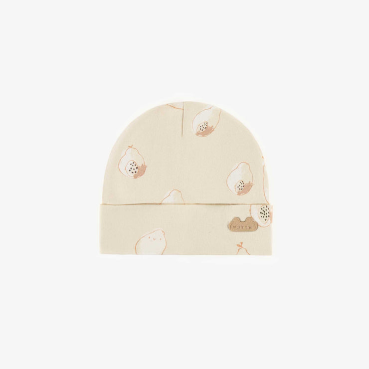 Bonnet beige à motifs de papayes en coton biologique, naissance || Papayas patterned beige hat in organic cotton, newborn