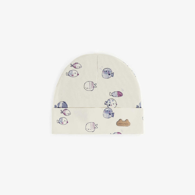 Bonnet crème à motif de poissons bleus et mauves en coton biologique, naissance || Cream hat with blue and purple fish print in organic cotton, newborn