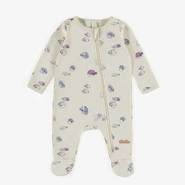 Pyjama crème avec motif de poissons bleus et mauves en coton biologique, naissance || Cream pajama with blue and purple fish print in organic cotton, newborn