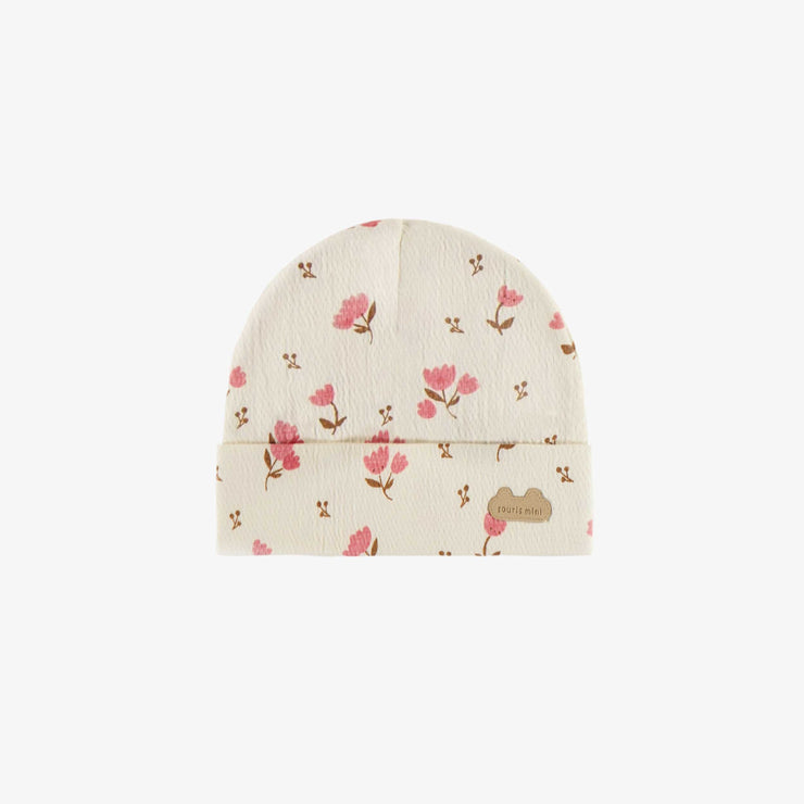Bonnet crème avec fleurs roses en jersey crêpé biologique, naissance || Cream hat with pink flowers in organic crinkle jersey, newborn