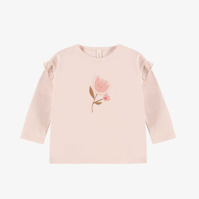 T-shirt rose à manches longues avec illustration de fleur en coton biologique, naissance || Long-sleeved pink t-shirt with a flower illustration in organic cotton, newborn