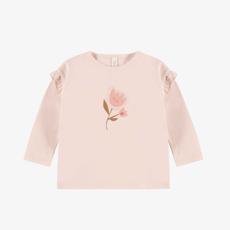 T-shirt rose à manches longues avec illustration de fleur en coton biologique, naissance || Long-sleeved pink t-shirt with a flower illustration in organic cotton, newborn