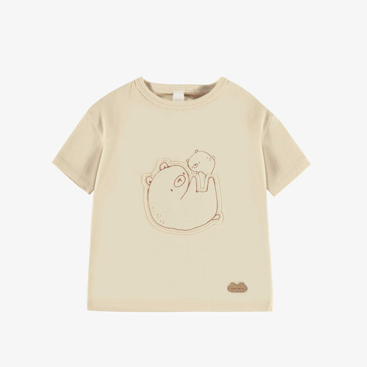 T-shirt crème avec ourson à manches courtes en coton biologique, naissance || Cream t-shirt with a bear and short-sleeved in organic cotton, newborn
