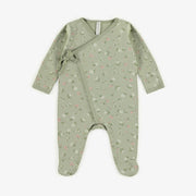 Pyjama vert pâle avec fleurs roses en coton biologique, naissance || Light green pajama with pink flowers in organic cotton, newborn