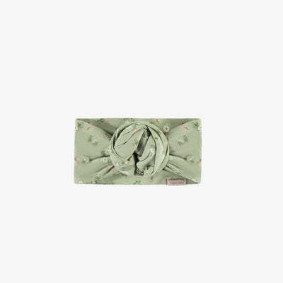 Bandeau vert pâle avec fleurs roses en coton biologique, naissance || Light green headband with pink flowers in organic cotton, newborn