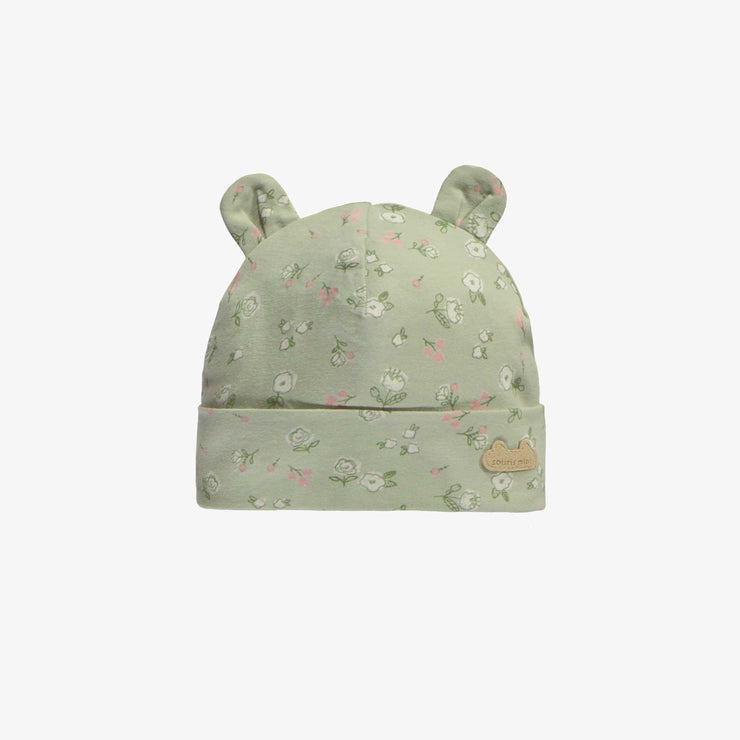 Bonnet vert pâle avec fleurs roses en coton biologique, naissance || Light green hat with pink flowers in organic jersey, newborn