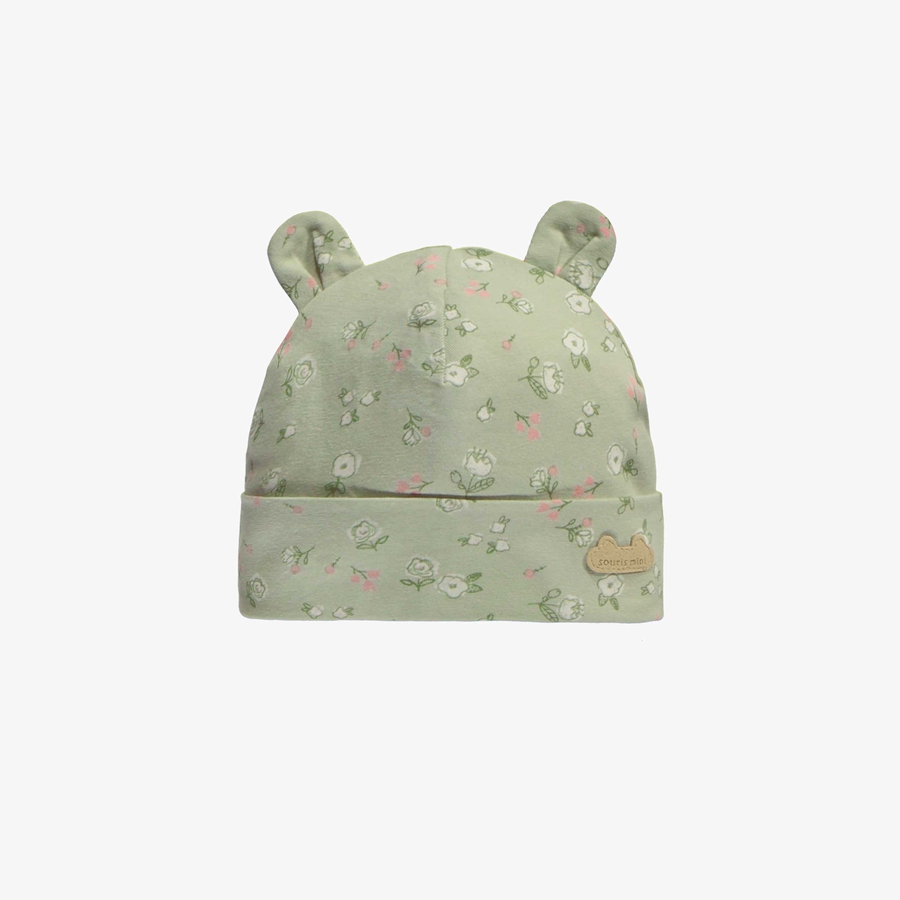 Bonnet vert pâle avec fleurs roses en coton biologique, naissance