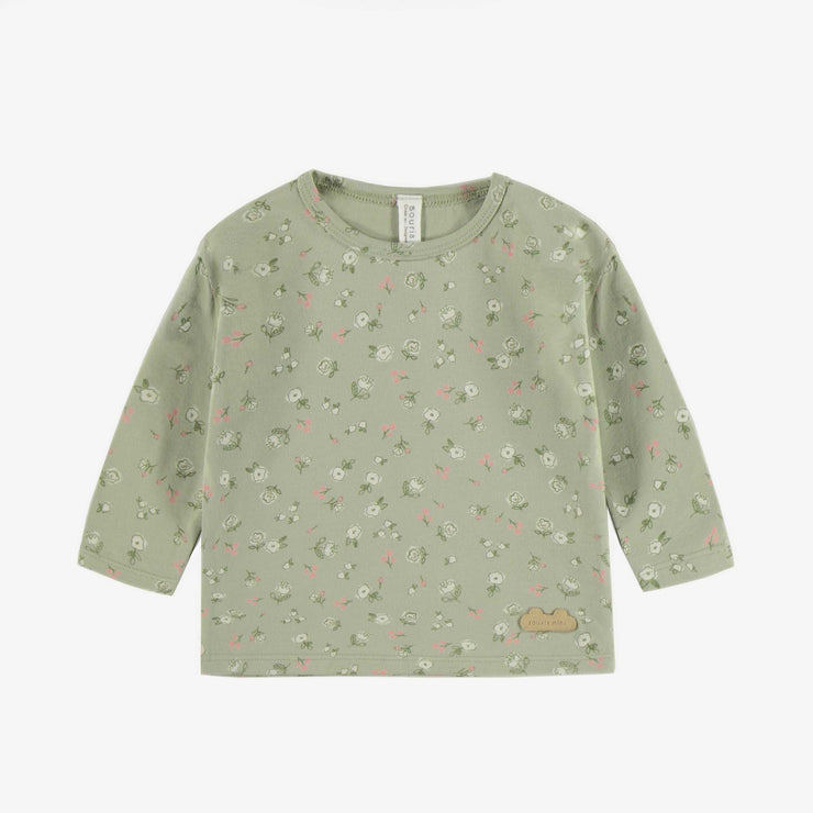 T-shirt vert pâle avec fleurs roses à manches longues en coton biologique, naissance || Long-sleeved light green t-shirt with pink flowers in organic cotton, newborn