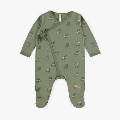 Pyjama vert avec chiens couchés sur des chaises en coton biologique, naissance || Green pajama with dog lying on chairs in organic cotton, newborn
