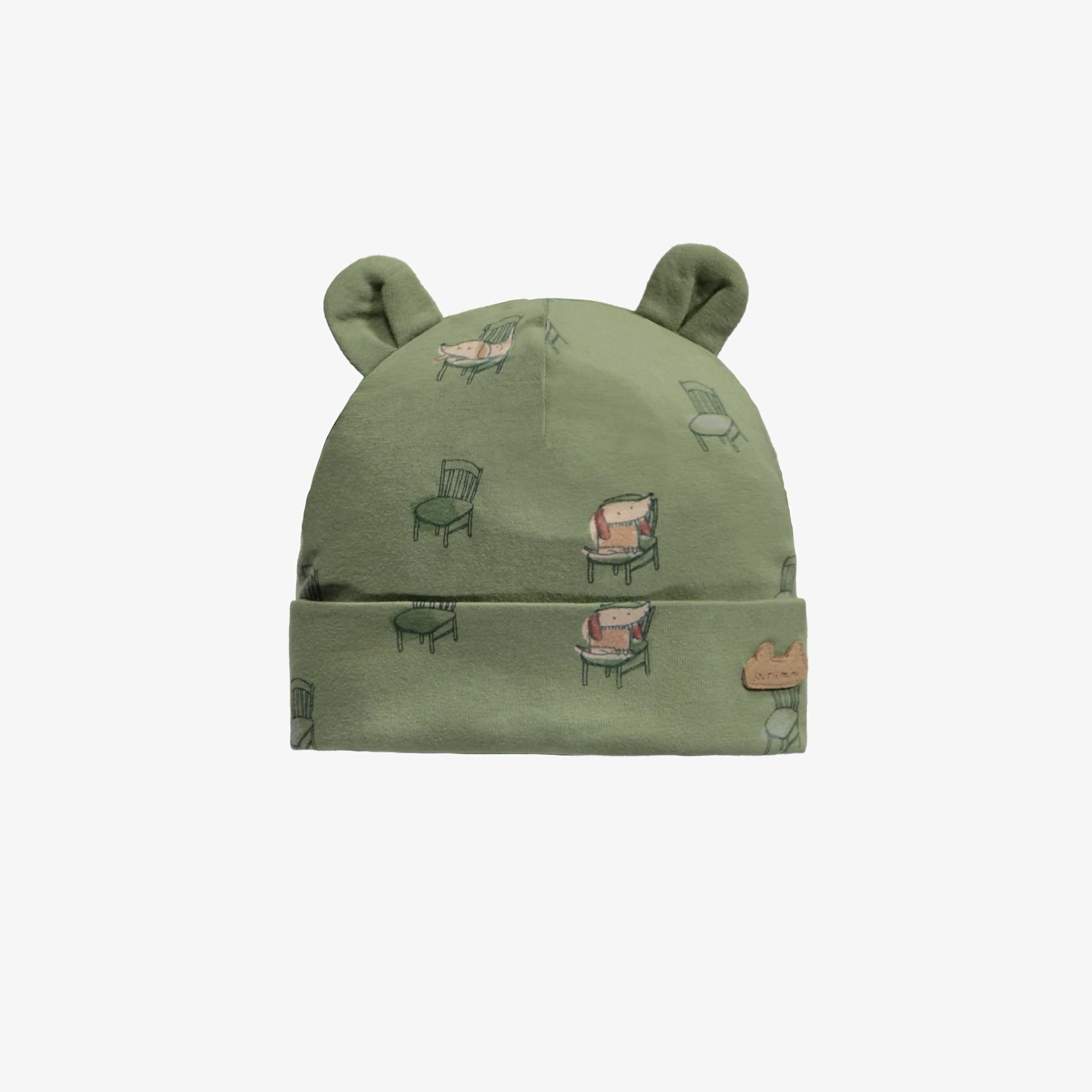Bonnet vert olive avec motif de chiens sur des chaises en coton biologique, naissance