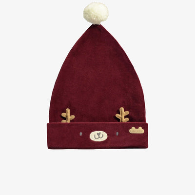 Bonnet rouge avec visage de renne et un pompon en velours, naissance || Red hat with reindeer face and a pompom in velvet, newborn