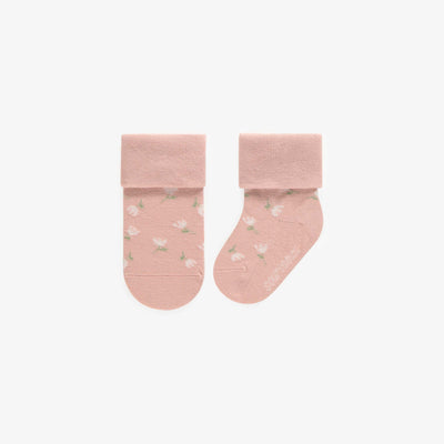 Chaussettes extensibles roses avec des petites fleurs, naissance || Pink stretch socks with small flowers, newborn