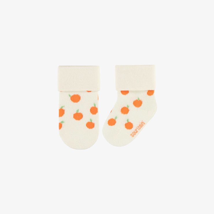 Chaussettes extensibles crème avec petites oranges, naissance || Cream stretch socks with small oranges, newborn
