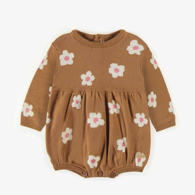 Une-pièce ample en maille brun à motif fleuri, naissance || Brown puffy one-piece with flowers pattern in knit, newborn