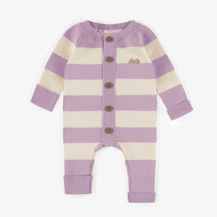 Une-pièce rayé mauve et blanc en maille imitation cachemire, naissance || Purple and white striped one-piece in knit imitation cashmere, newborn